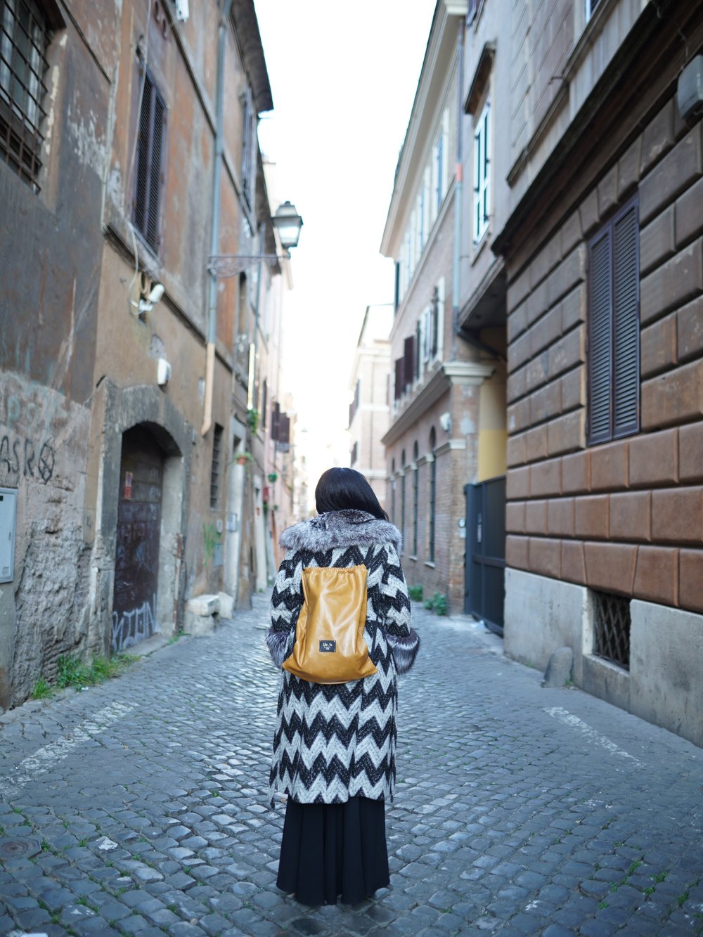 Women's Genuine Leather Large Sack Pack worn as a Backpack.