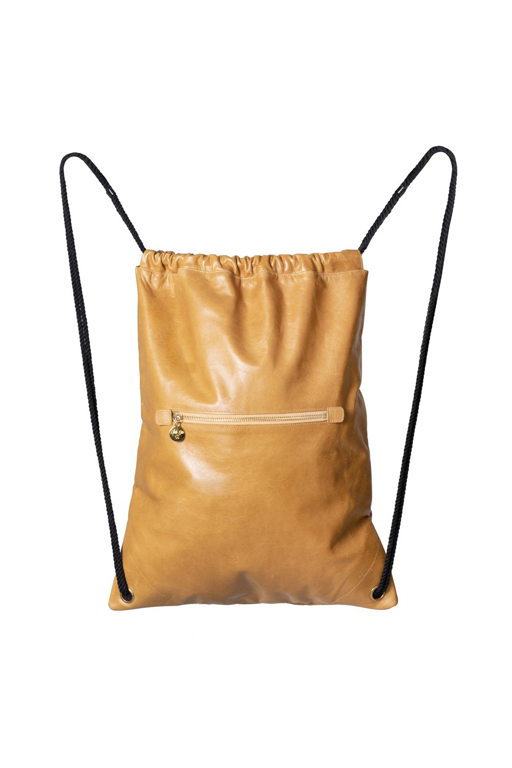 Women's Genuine Leather Large Sack Pack worn as a Backpack.